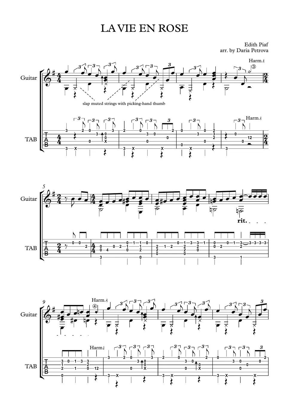 Edith Piaf La Vie En Rose (Fingerstyle Guitar Arrangement, No Capo