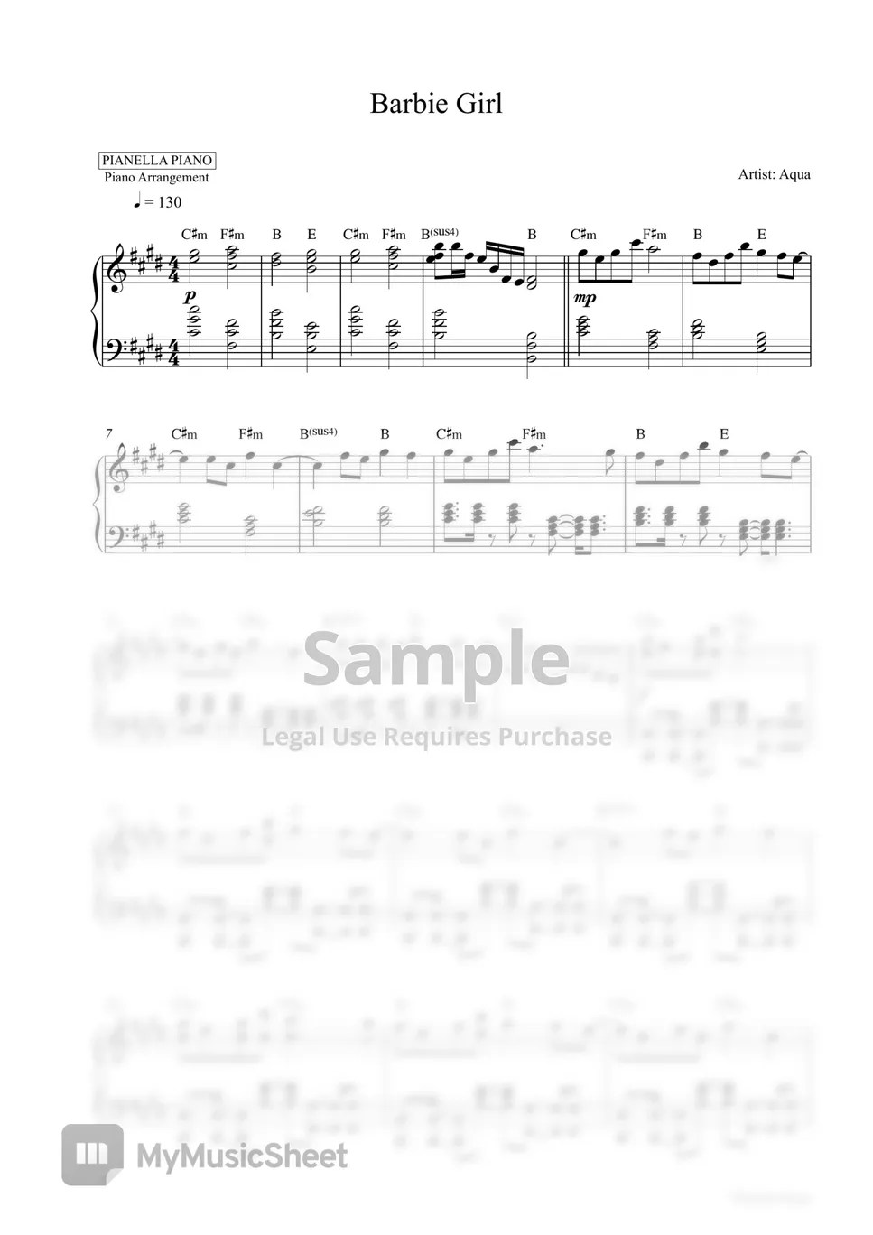Aqua Barbie Girl (Piano Sheet) 악보 by Pianella Piano