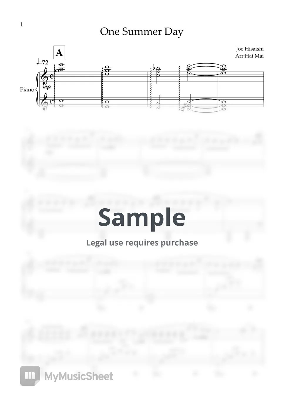 Joe Hisaishi One Summer's Day for Piano solo Sheets by Hai Mai