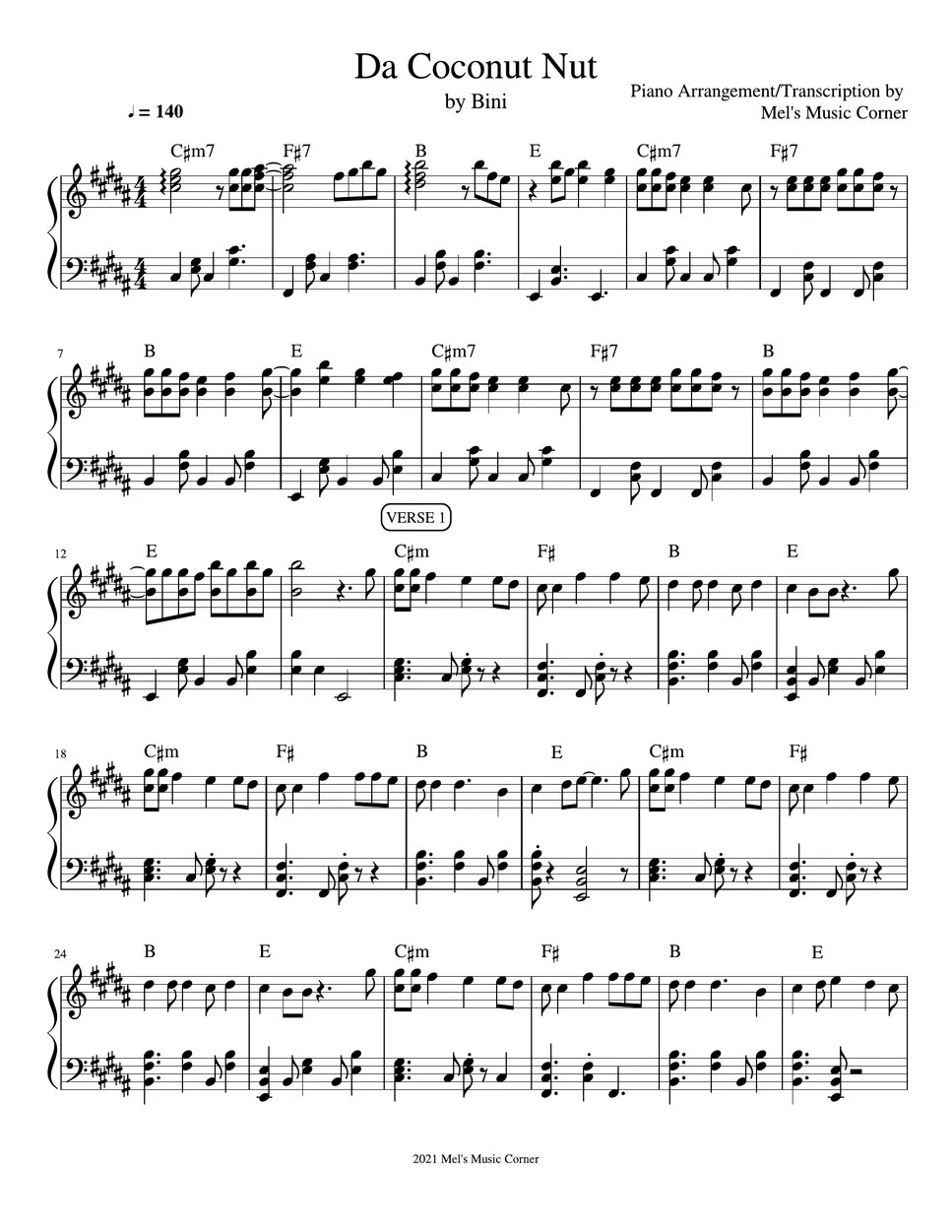 Bini Da Coconut Nut (piano sheet music) Sheets by Mel's Music Corner