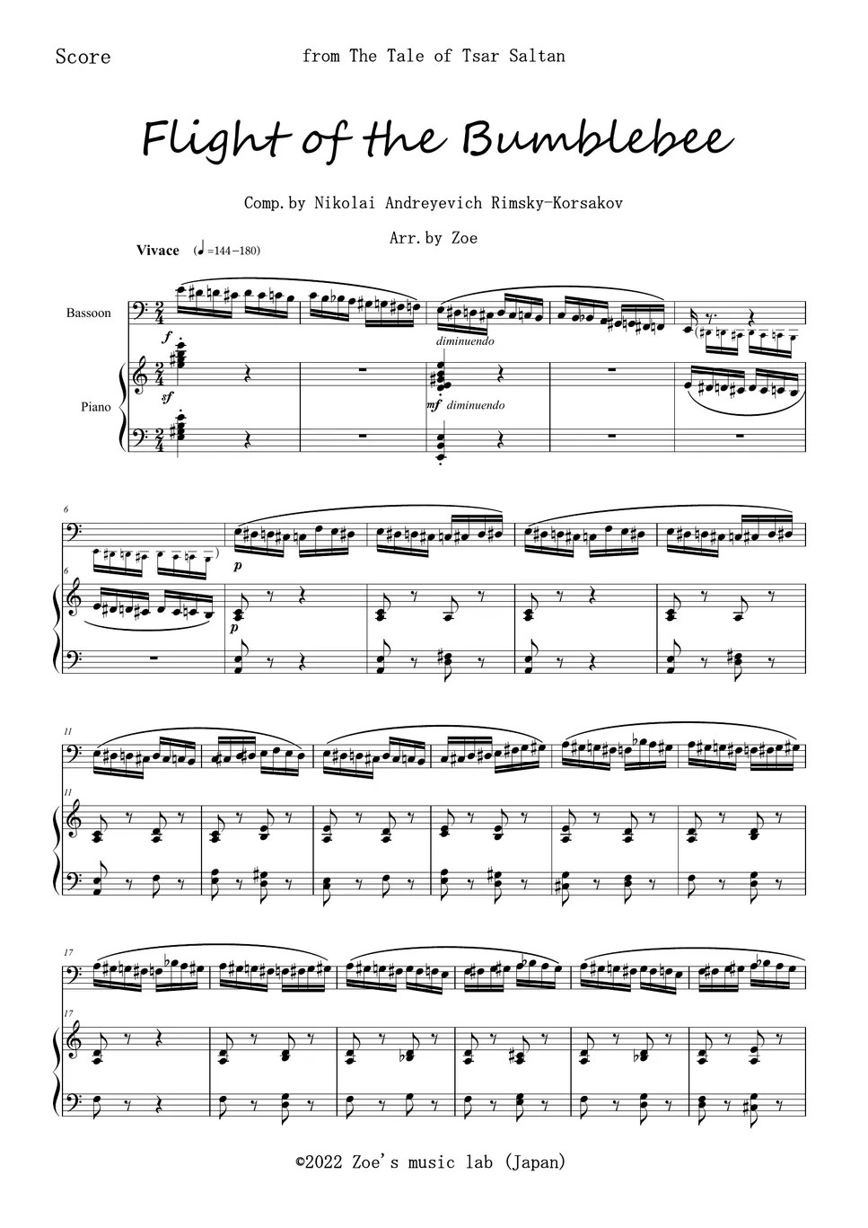 RimskyKorsakov 熊蜂の飛行 for Bassoon (Fagotto) and Piano (Flight of the