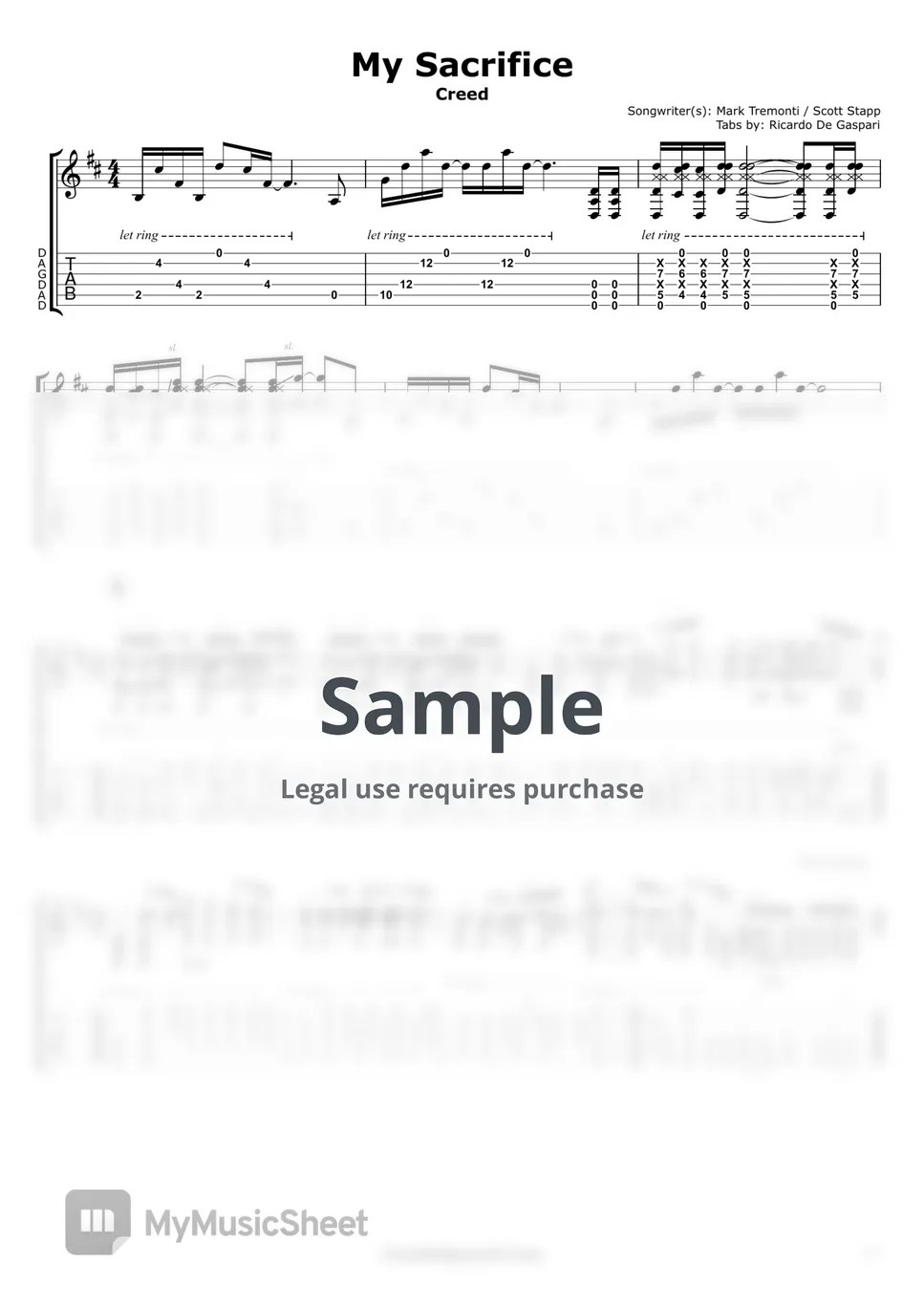 Creed My Sacrifice (for one guitar) 악보 by De Gaspari