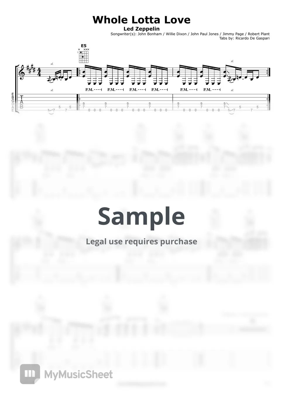 Led Zeppelin Whole Lotta Love (for one guitar) Sheets by De Gaspari