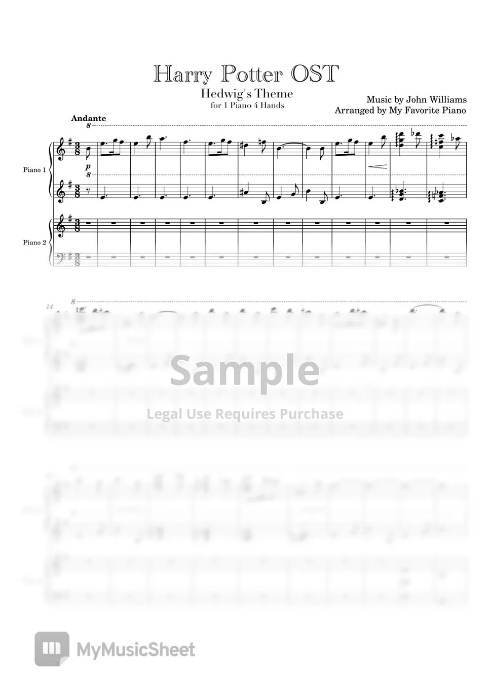 Harry Potter OST Hedwig's Theme (4 Hands, Difficult ver.) 악보 by My