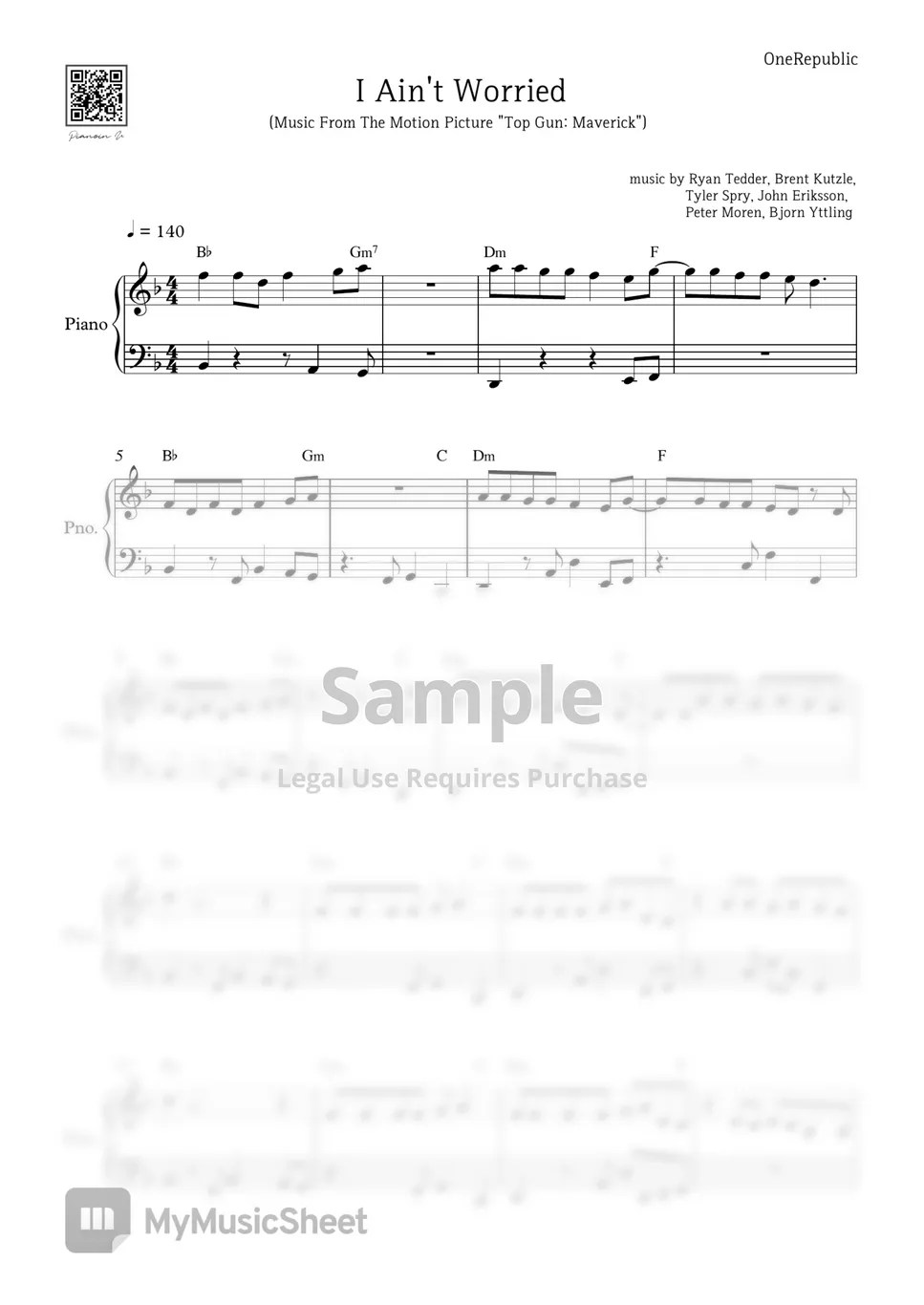 OneRepublic I Ain’t Worried [Top GunMaverick OST] Sheets by PIANOiNU