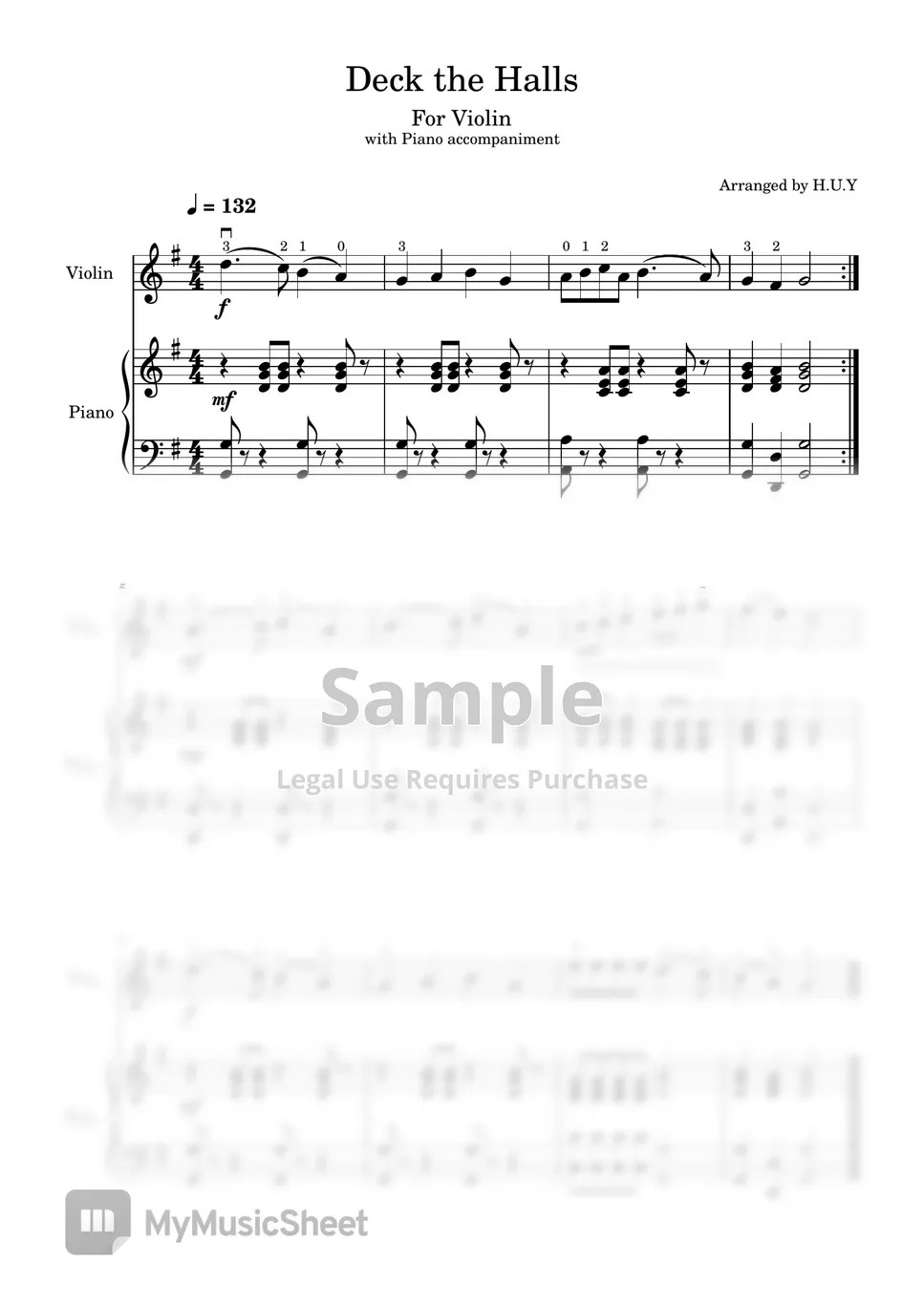 Deck the Halls (Violin with Piano Sheets by H.U.Y