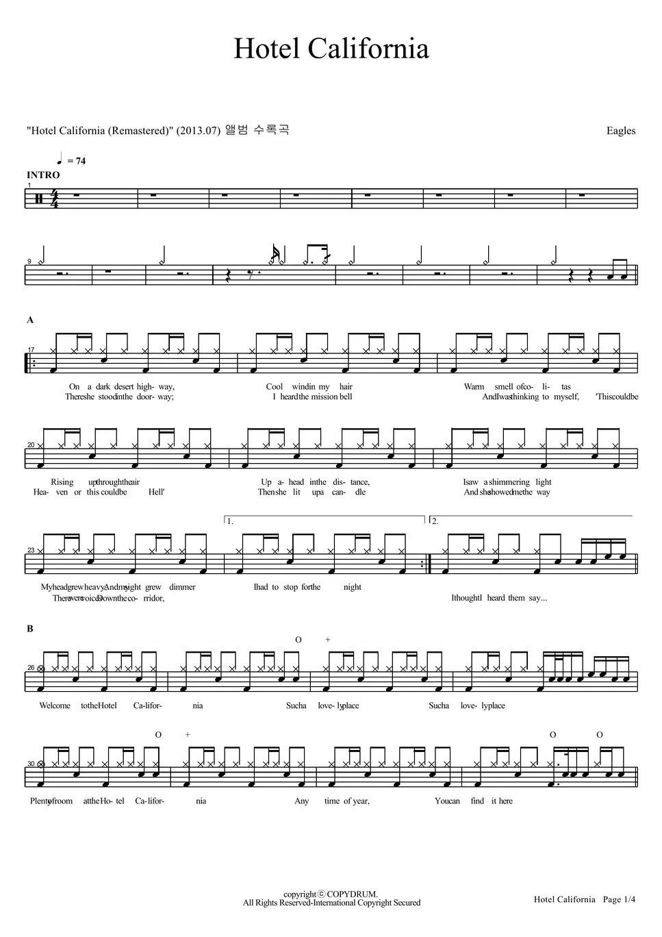 Eagles Hotel California Sheet by COPYDRUM
