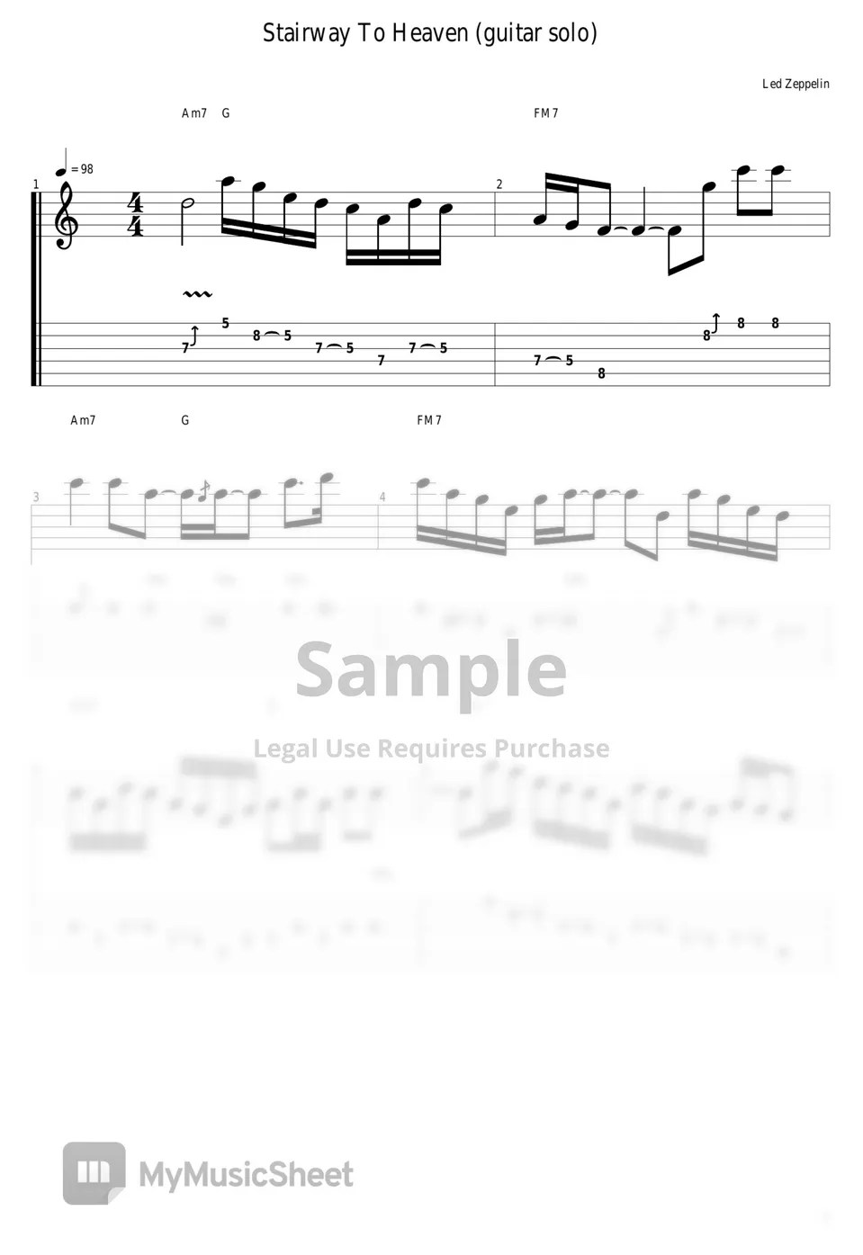 Led Zeppelin Stairway To Heaven (guitar solo) Tab + 1staff by guitar