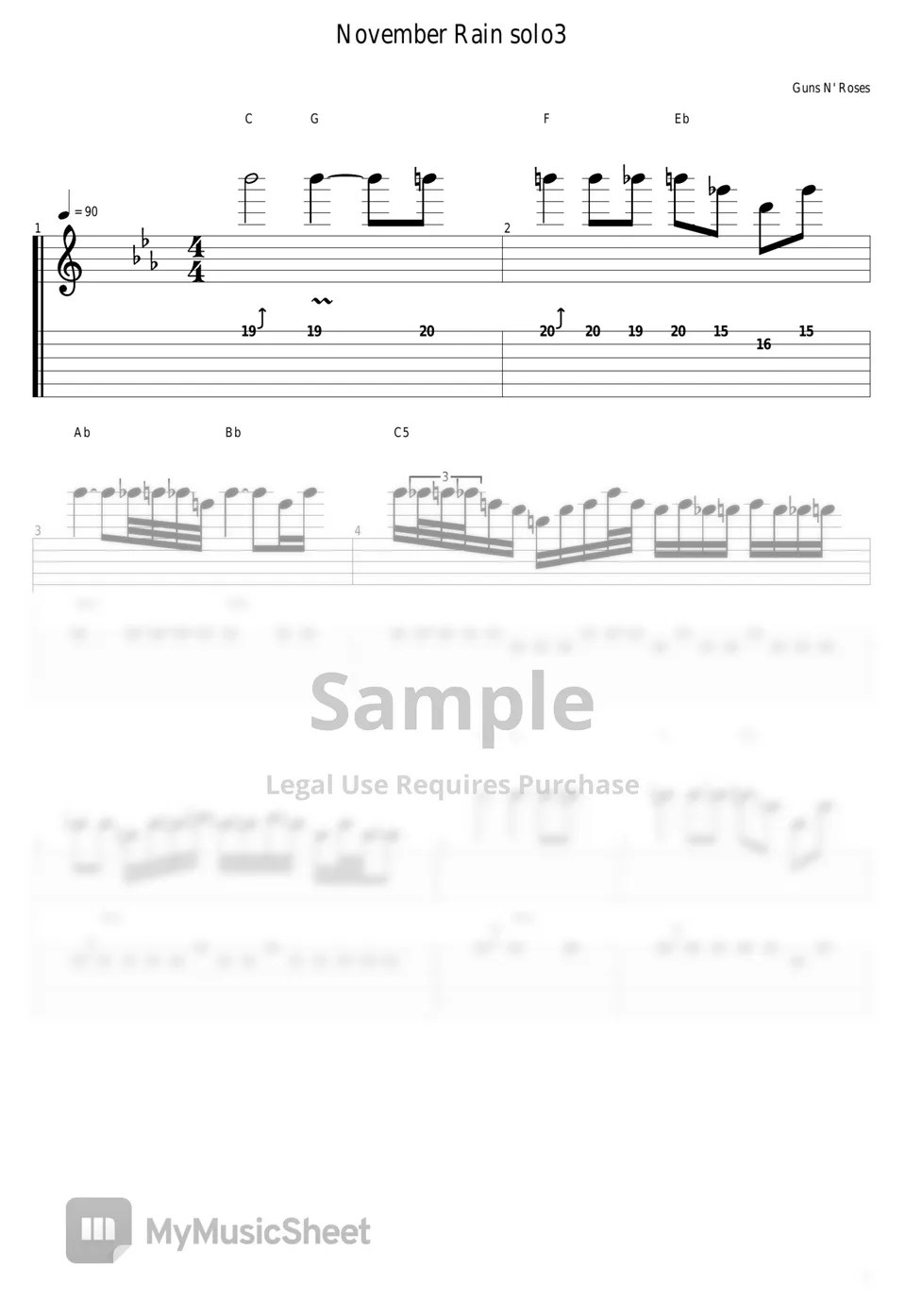 Guns N' Roses November Rain (Guitar Solo) Tab + 1staff by guitar