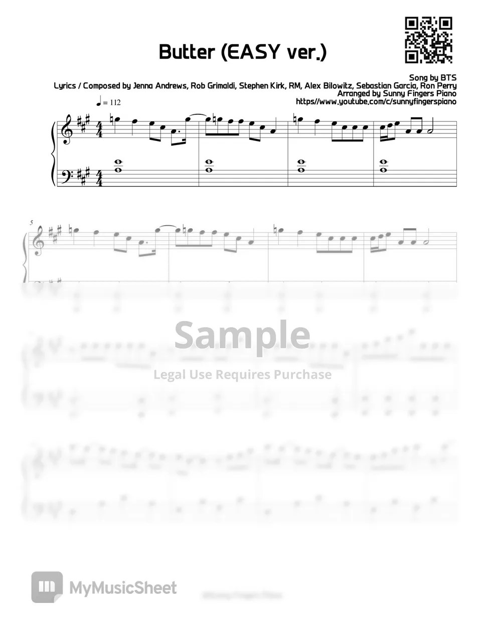 BTS Butter (EASY) Sheets by Sunny Fingers Piano