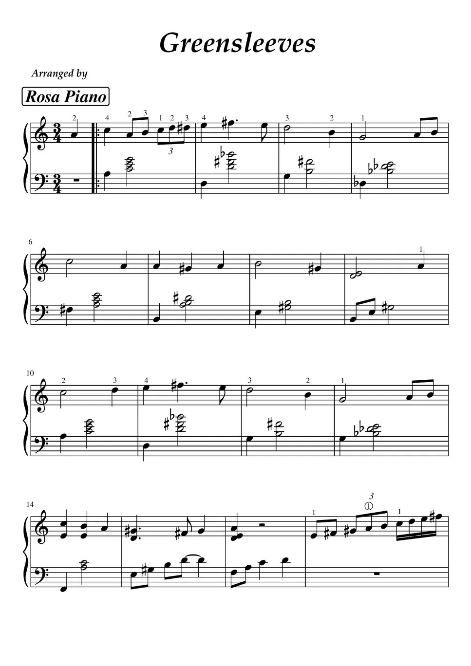 Traditional Greensleeves Sheet by Rosa Piano