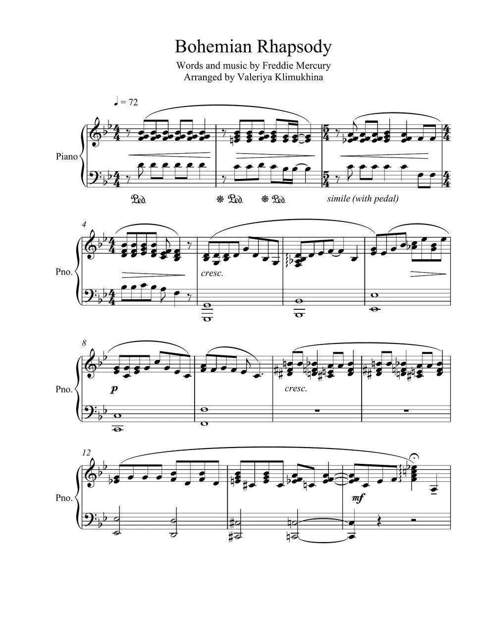 Queen Bohemian Rhapsody (for Piano Solo) Sheets