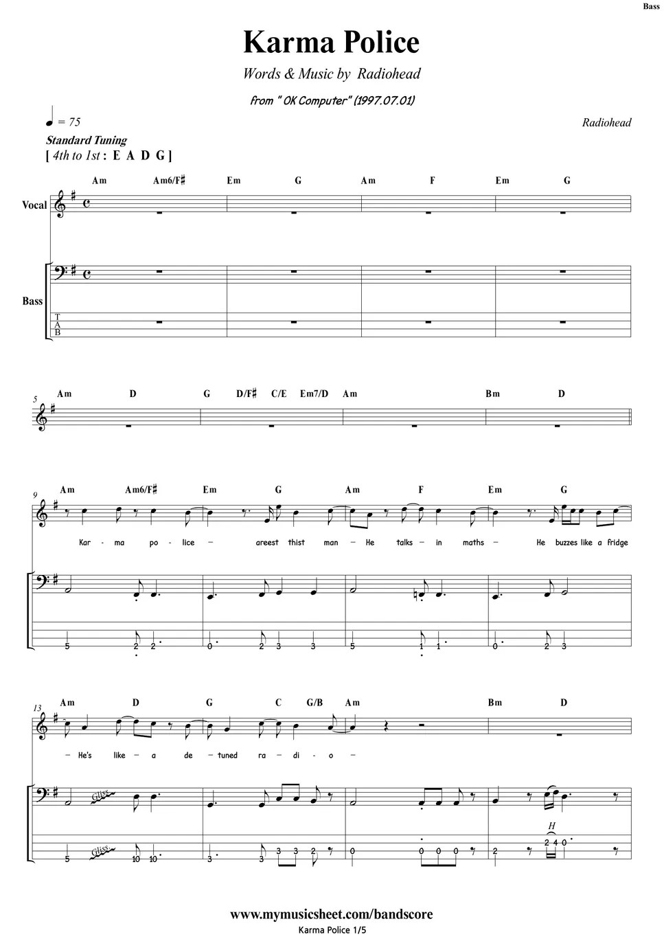 Radiohead Karma Police Bass TAB