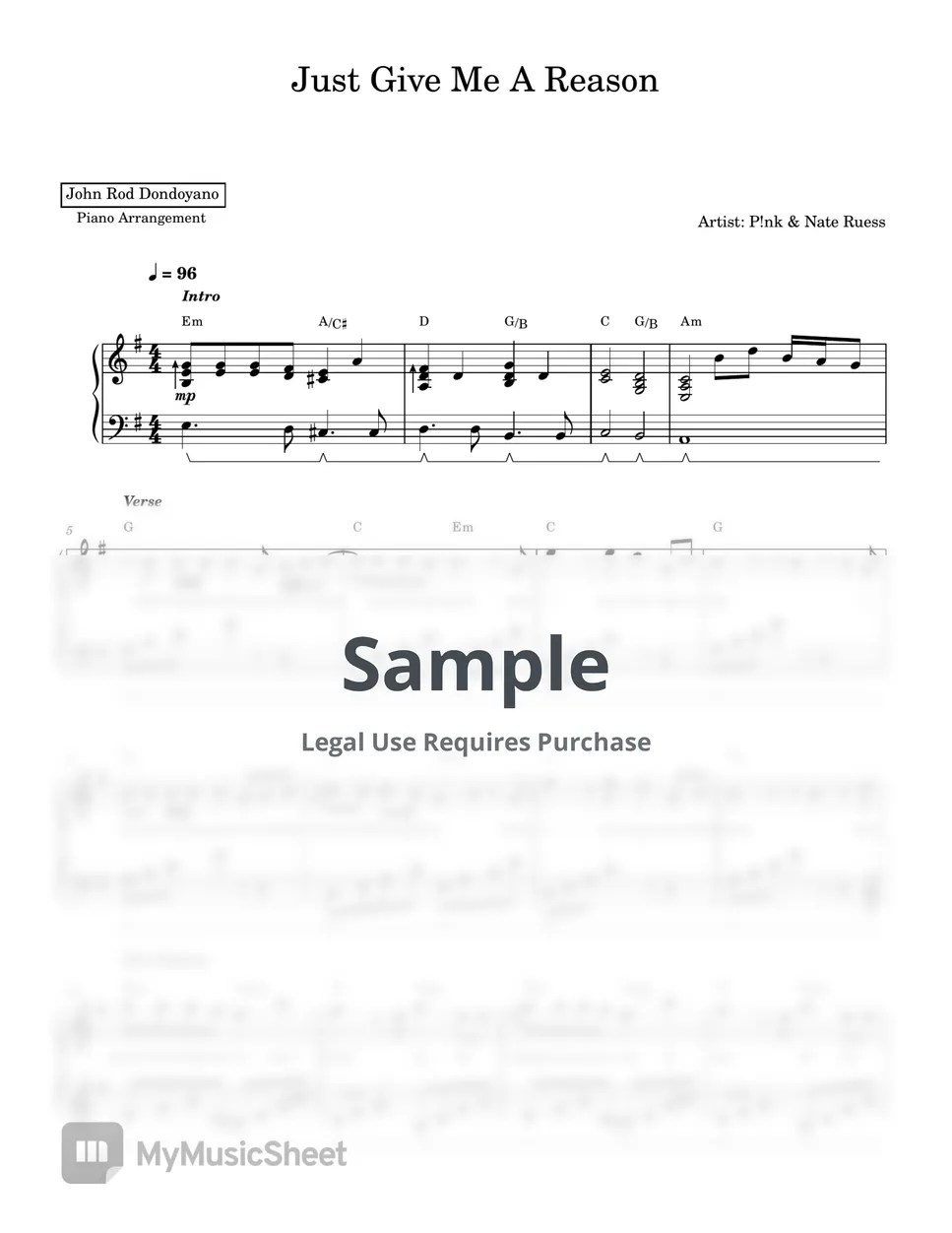 P!nk &. Nate Ruess Just Give Me A Reason (PIANO SHEET) Sheets by John