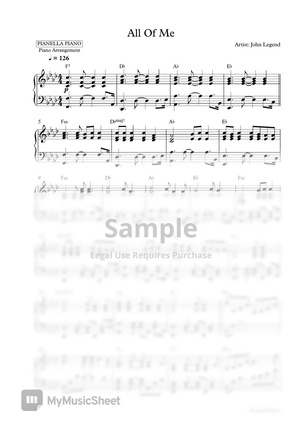 John Legend All of Me (Piano Sheet) Sheets by Pianella Piano