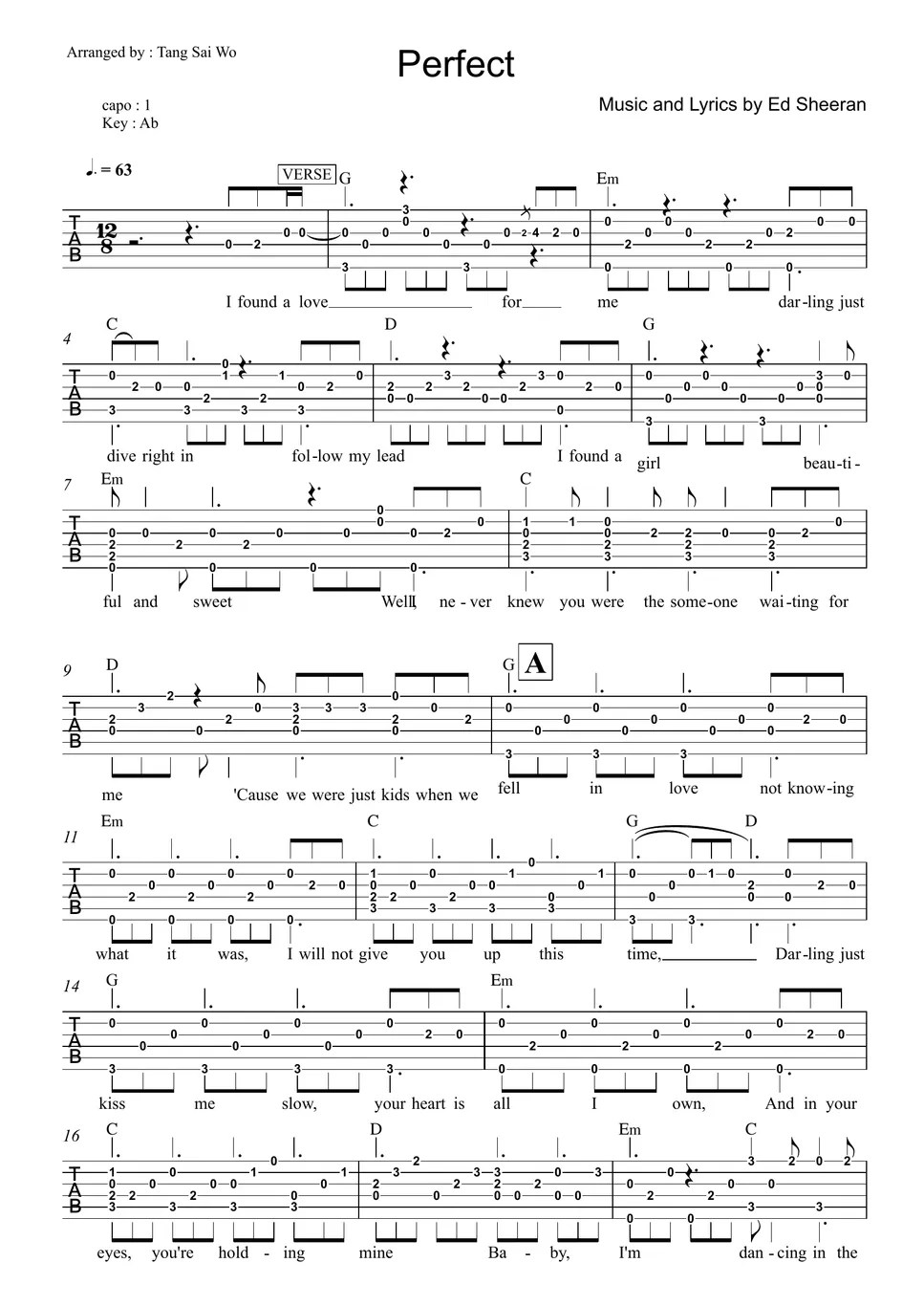 Ed Sheeran Perfect (Perfect Ed Sheeran Fingerstyle Guitar) 악보 by