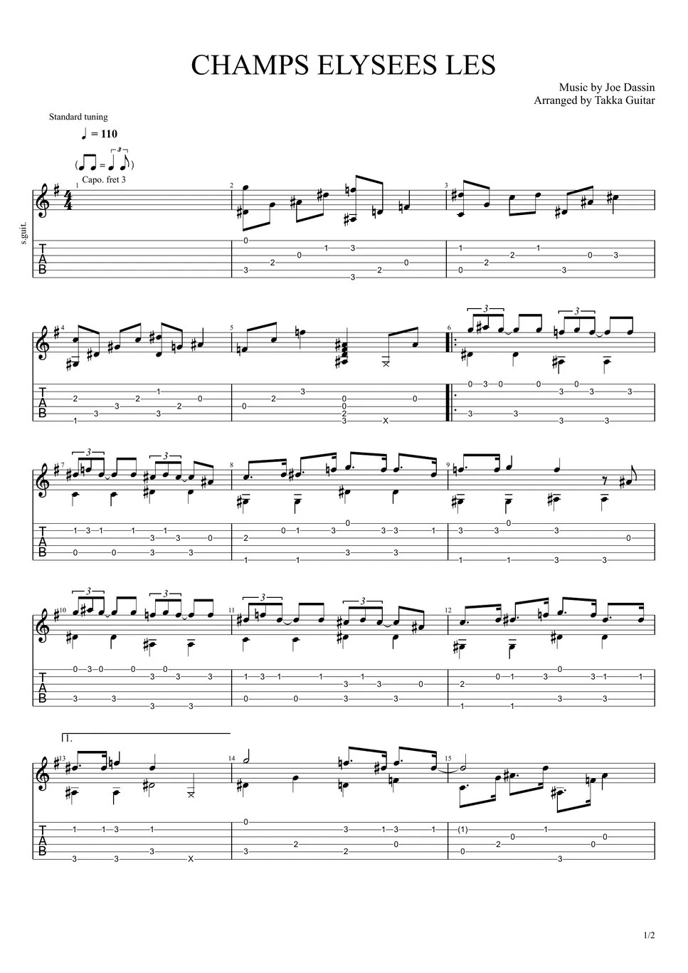 Joe Dassin CHAMPS ELYSEES LES (ソロギター) Sheets by Takka Guitar