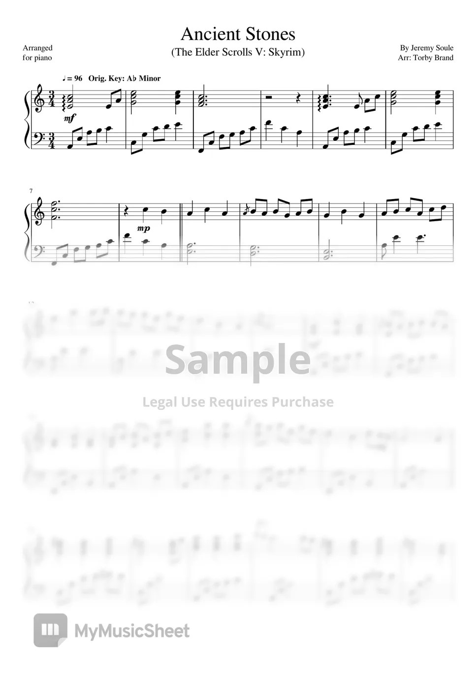 The Elder Scrolls V Skyrim Ancient Stones 曲谱 by Torby Brand