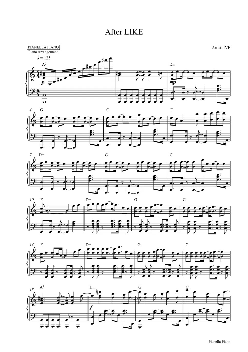 IVE After LIKE (Piano Sheet) 악보 by Pianella Piano