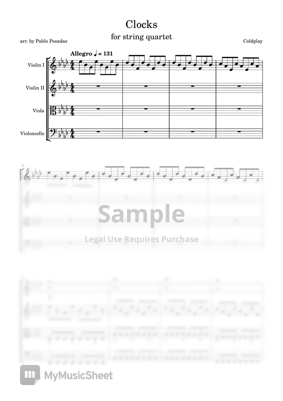 Coldplay Clocks (String quartet) 악보 by Thec P