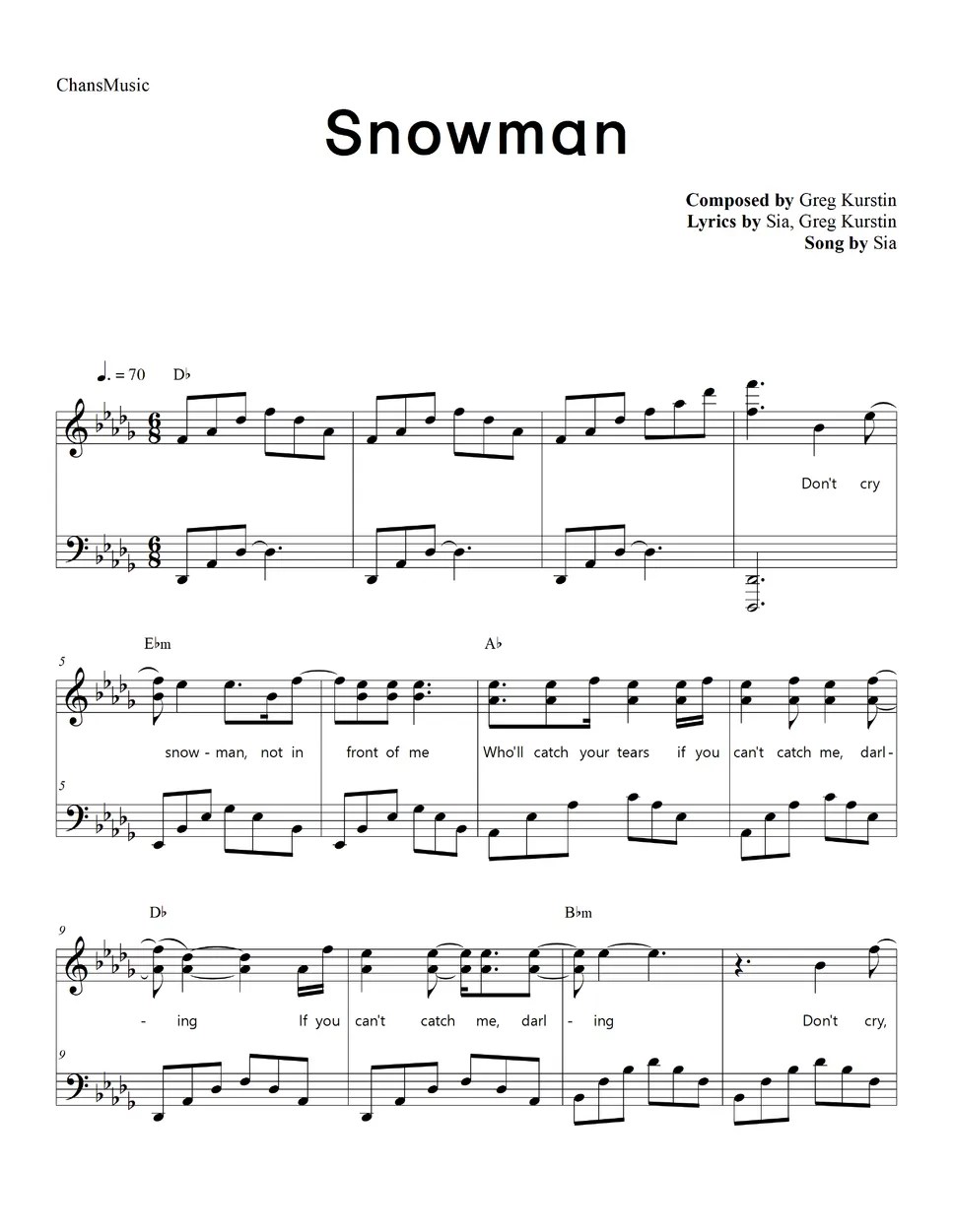 Sia Snowman (with Lyrics) Sheet by ChansMusic