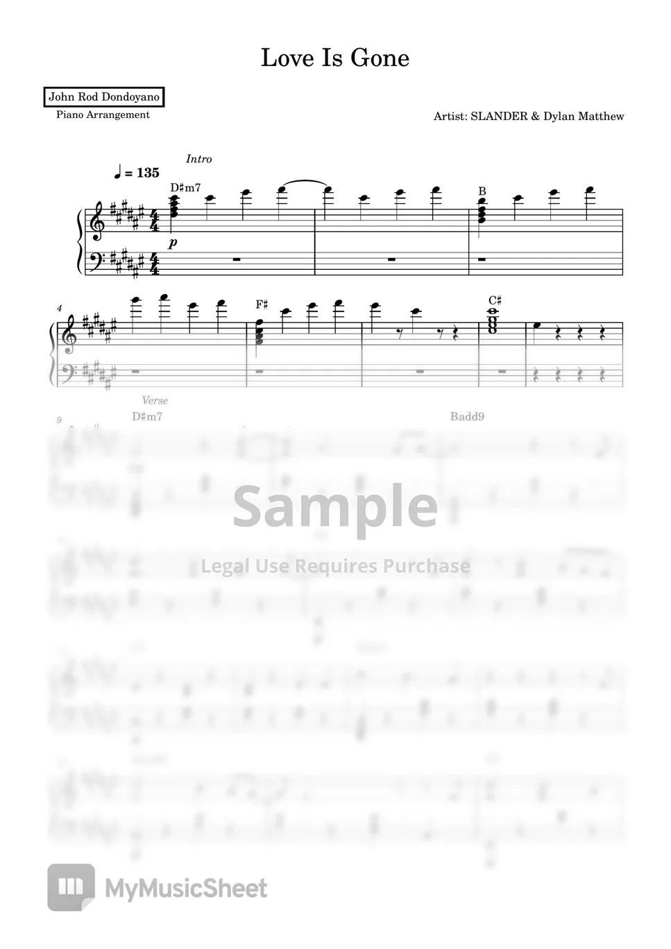 SLANDER & Dylan Matthew Love Is Gone (PIANO SHEET) Sheets by John Rod