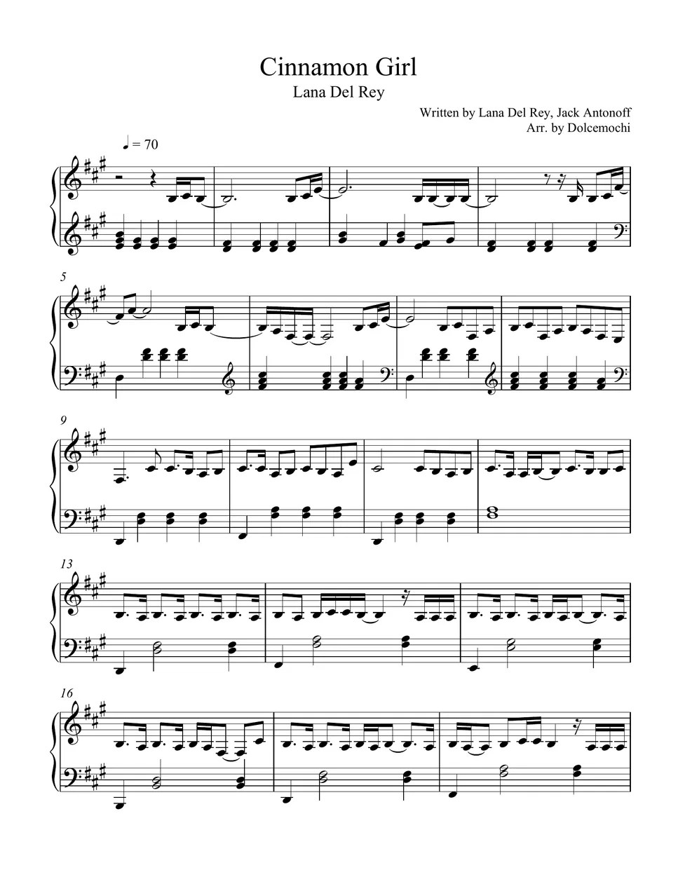 Lana Del Rey Cinnamon Girl (PIANO) Sheets by Dolcemochi