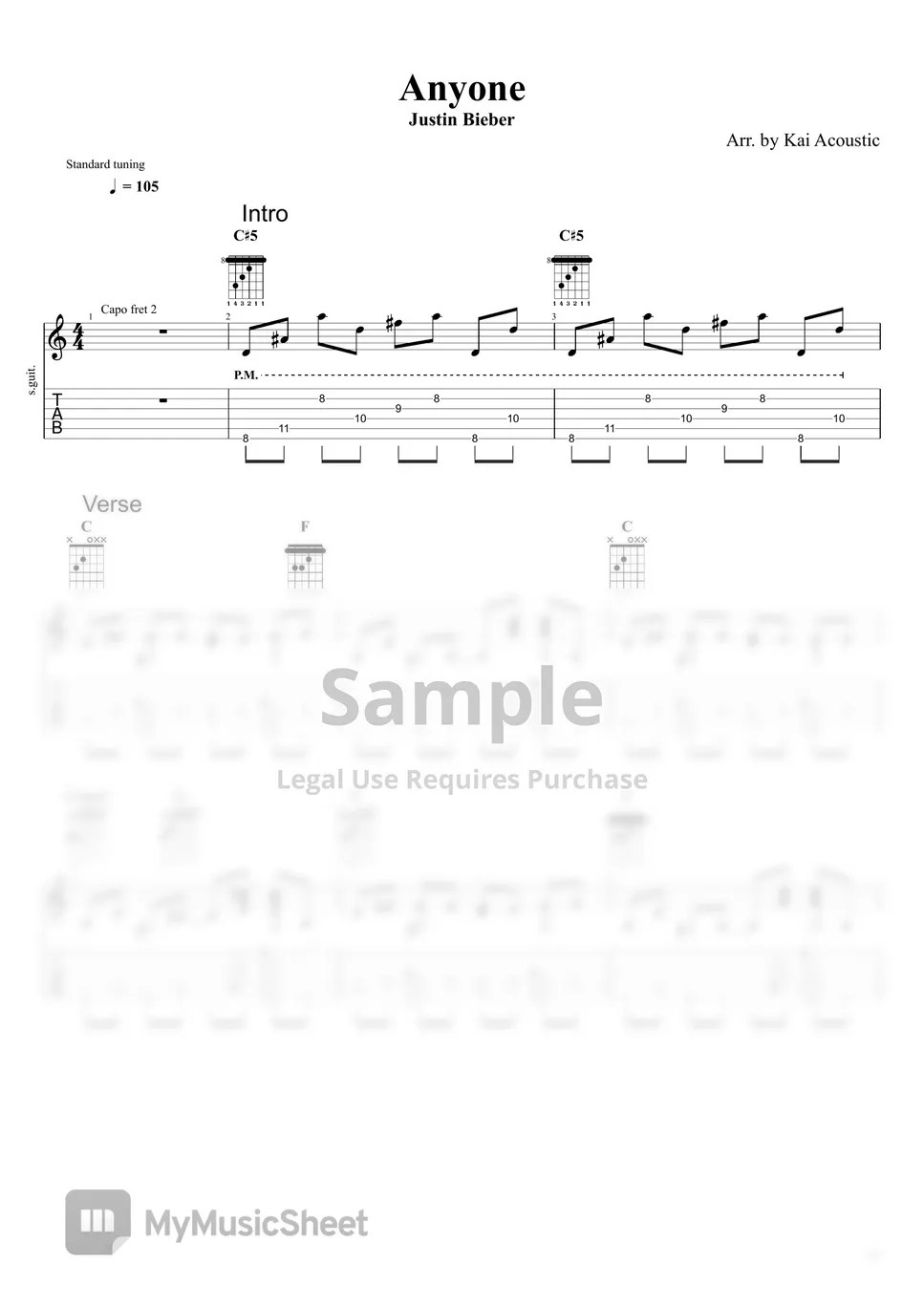 Justin bieber Anyone Fingerstyle Guitar Tutorial TAB Sheets by Kai