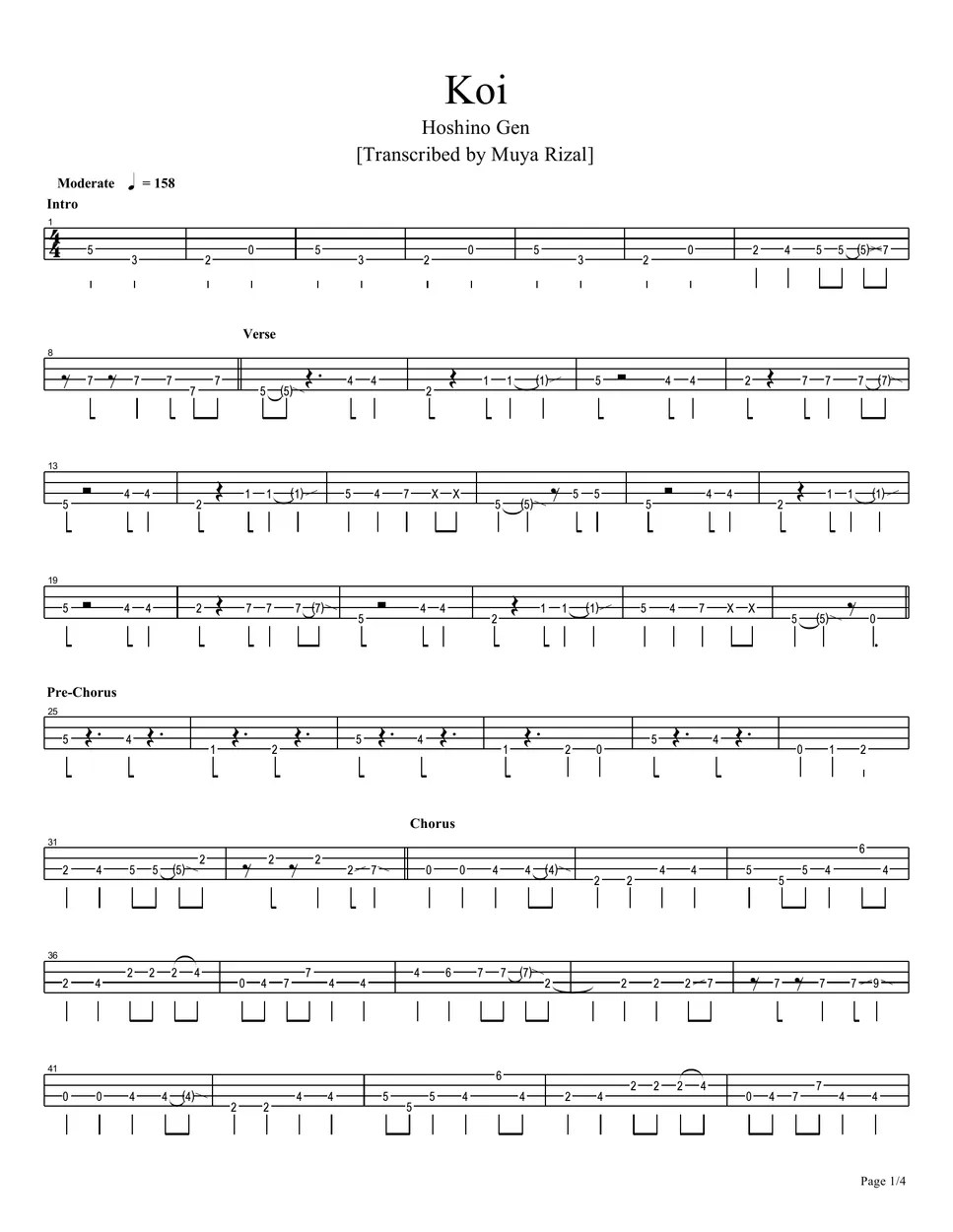 Hoshino Gen Koi (Bass TAB) 曲谱 by Muya