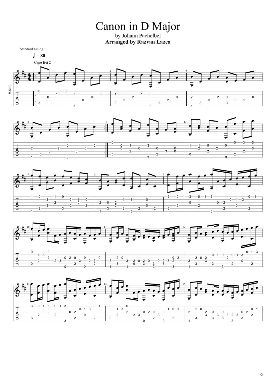 Johann Pachelbel Canon in D (Fingerstyle guitar) TAB by Razvan Lazea