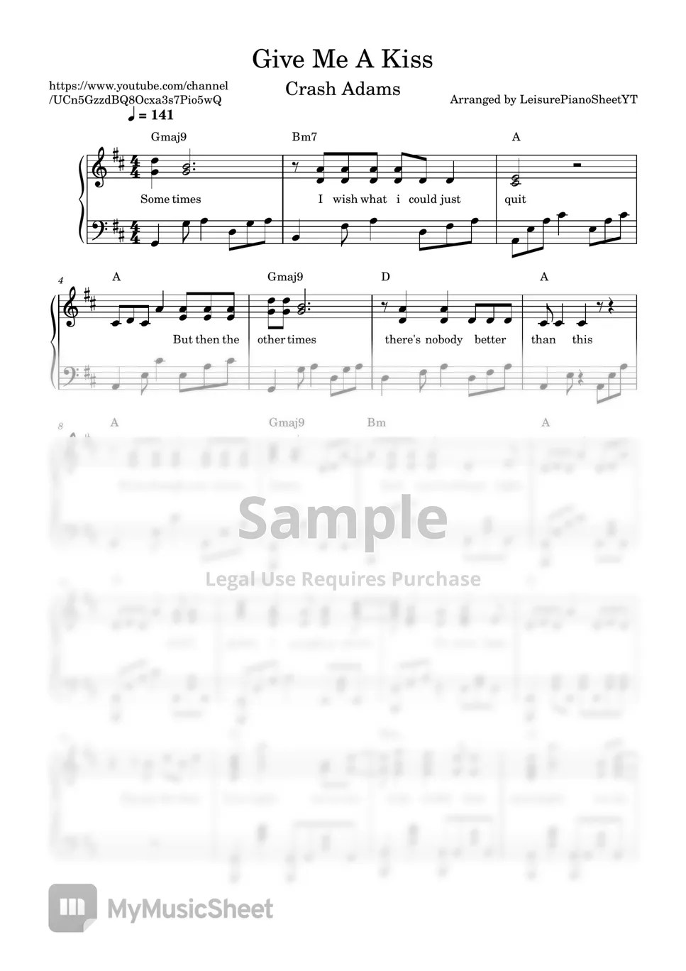 Crash Adams Give Me A Kiss แผ่น by Leisure Piano Sheets YT