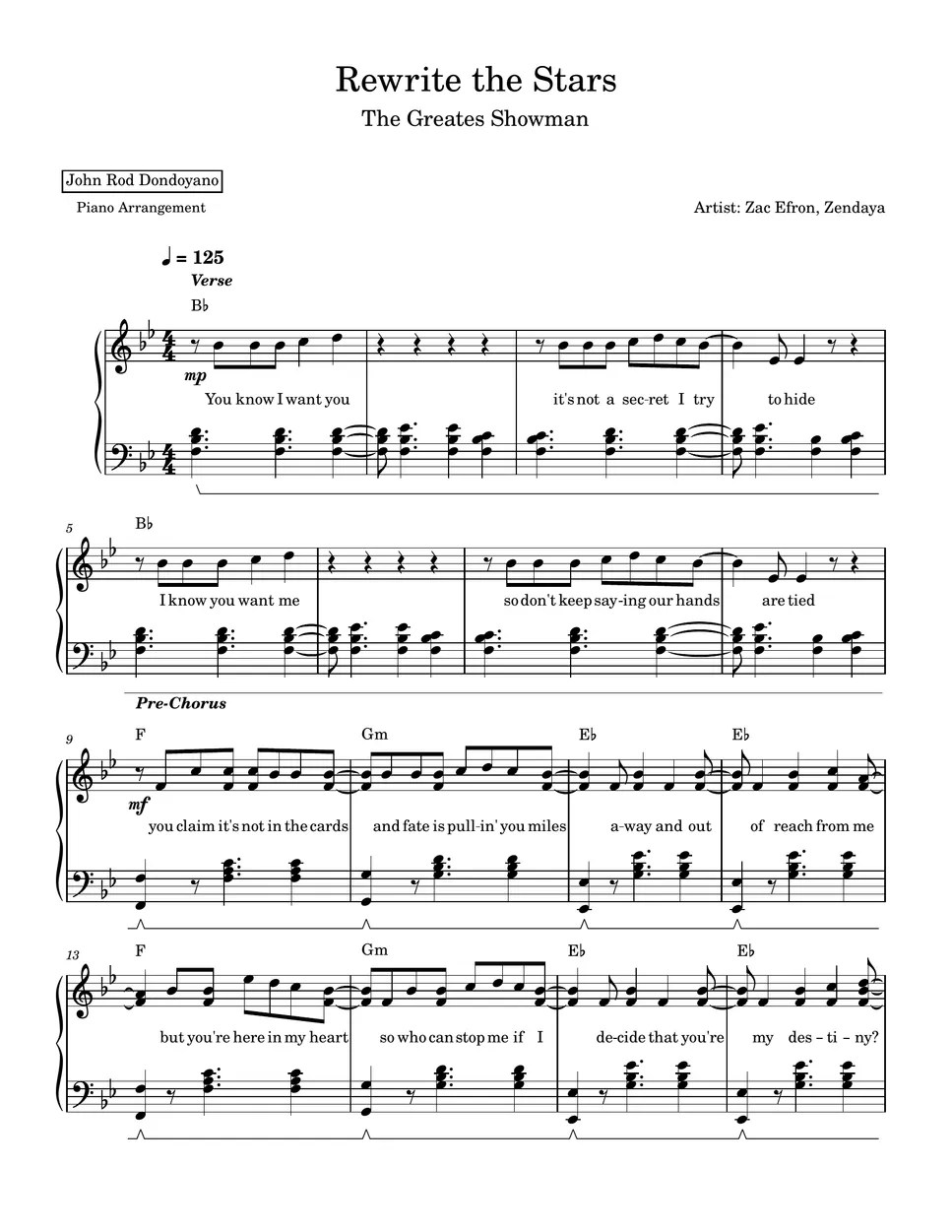 Zac Efron, Zendya Rewrite the Stars (PIANO SHEET) Sheets by John Rod