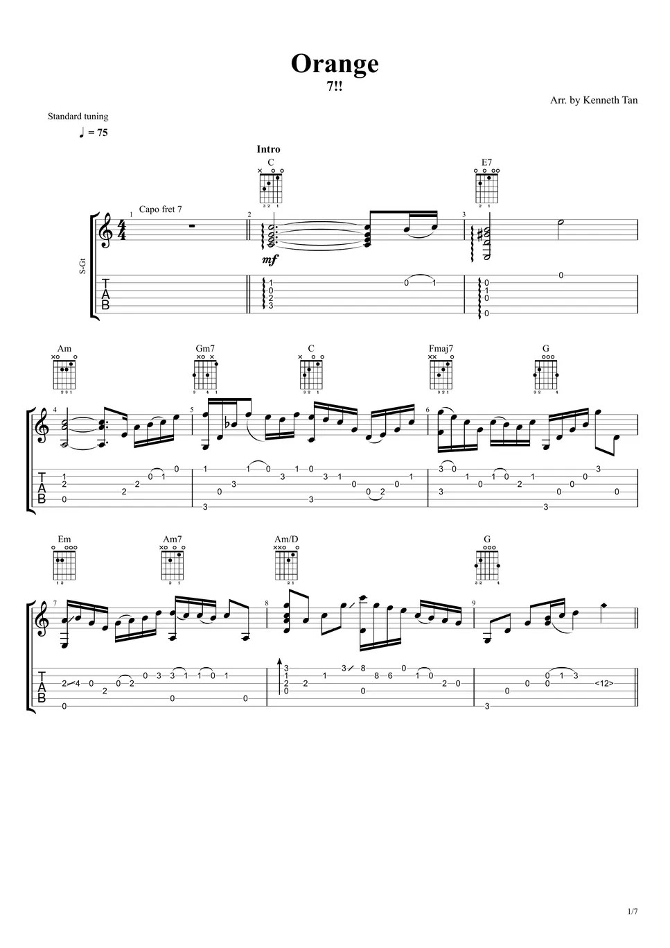 7!! (Your Lie in April) ED 2 Fingerstyle Guitar Orange Sheets by