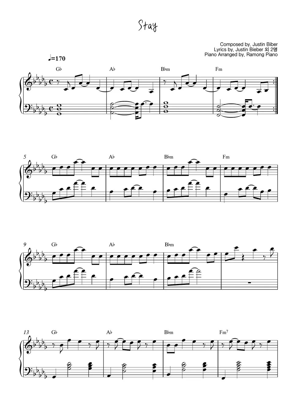 Justin Bieber, The Kid LAROI Stay Sheet by Ramong Piano