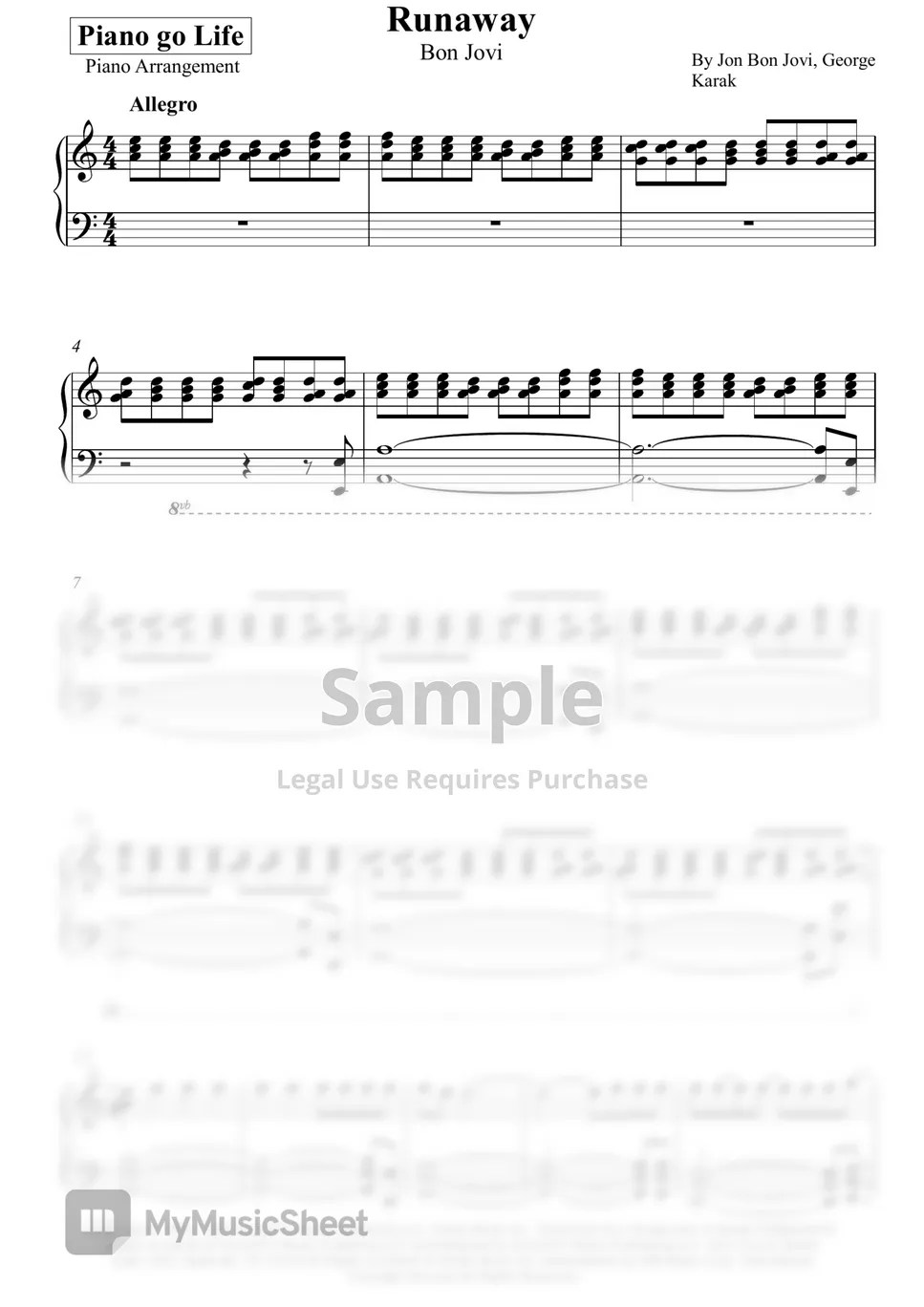 Bon Jovi Runaway Sheet by Piano Go Life