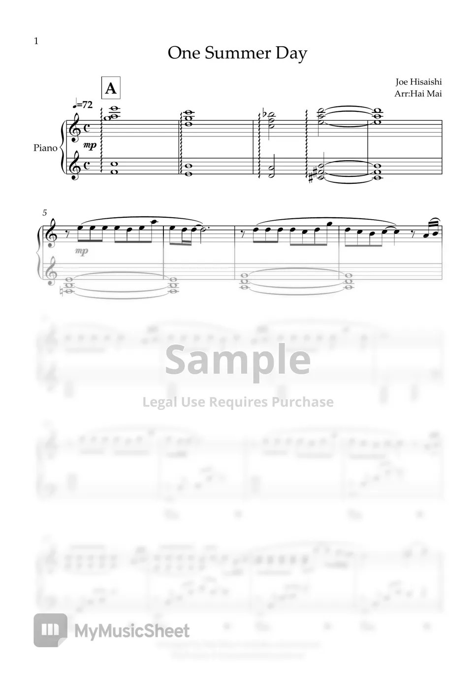Joe Hisaishi One Summer Day (Easy Piano) Spartito by Hai Mai
