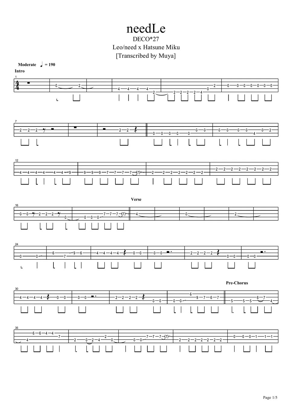 Leo/need needLe (Bass TAB) Sheets by Muya