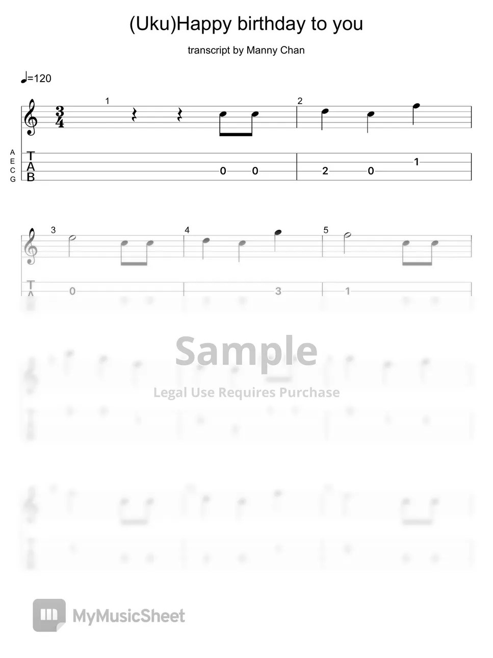 N/A Happy birthday to you (Ukulele tab) Tab + 단선 악보 by Manny Chan