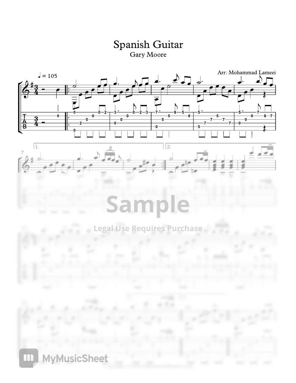 Gary Moore Spanish Guitar Tab + 1staff by Mohammad Lameei