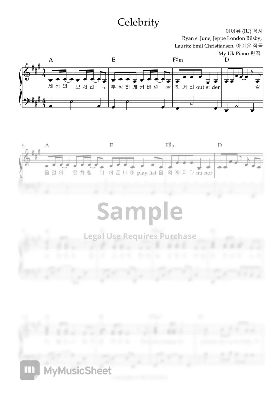 아이유 Celebrity (보통악보, 쉬운악보) (아이유 Celebrity (난이도별)) Sheets by My Uk Piano
