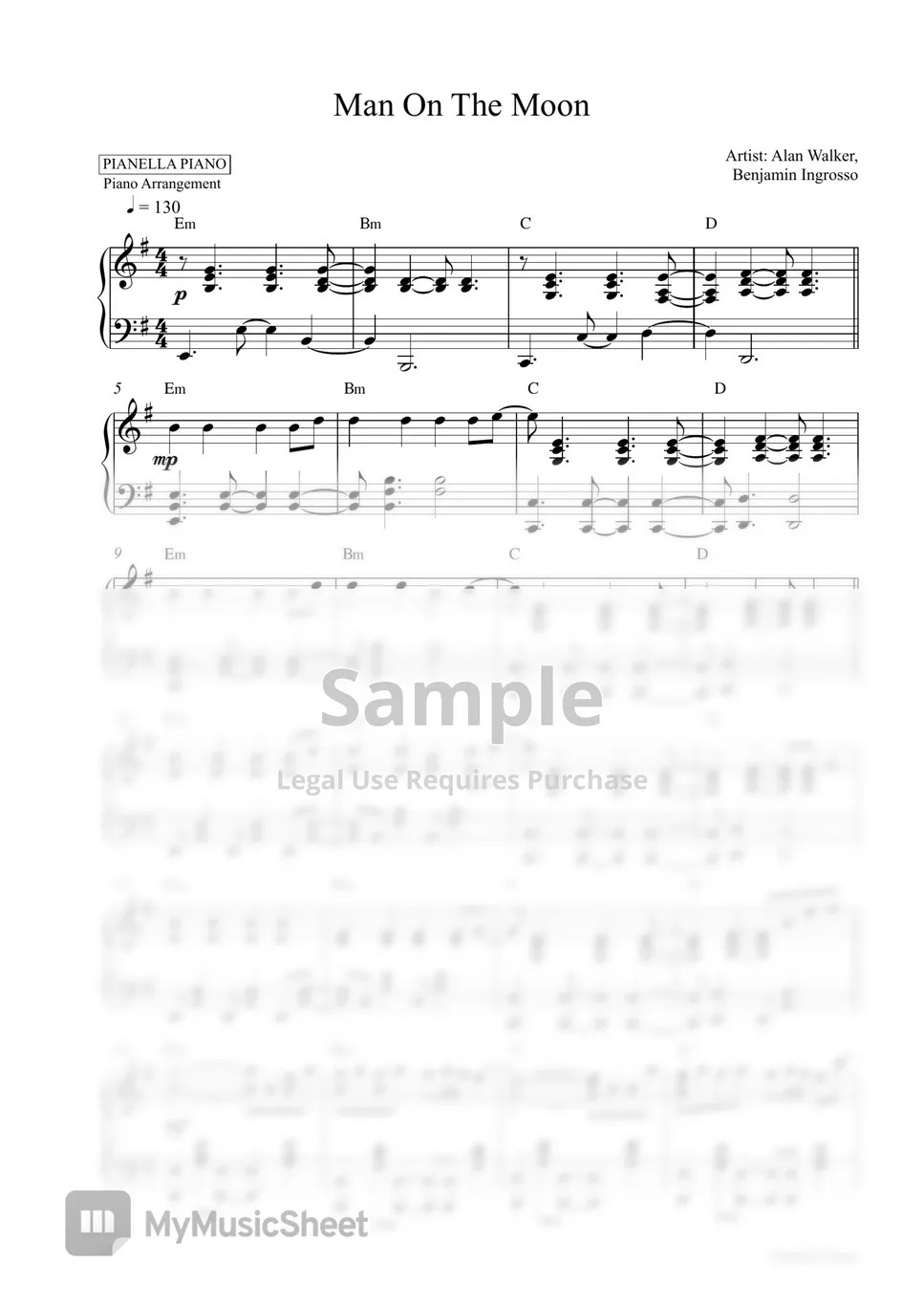 Alan Walker x Benjamin Ingrosso Man On The Moon (Piano Sheet) Sheets