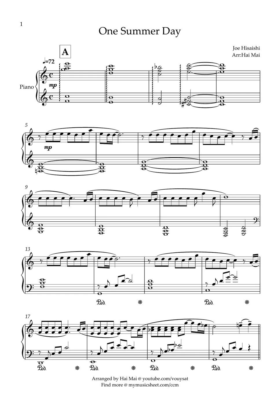 Joe Hisaishi One Summer Day (Easy Piano) نوتة by Hai Mai