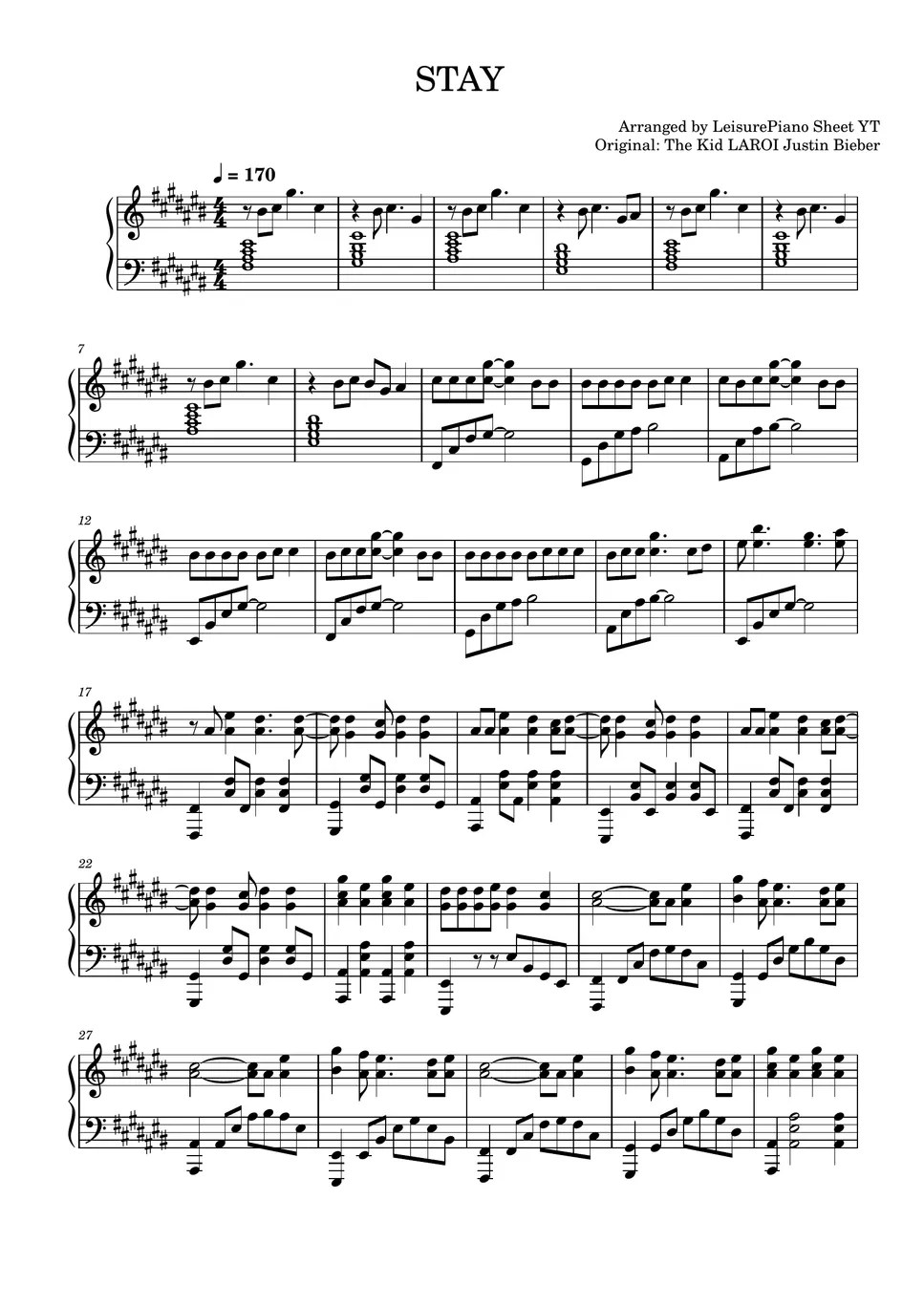 The Kid LAROI Justin Bieber Stay Sheet by Leisure Piano Sheets YT