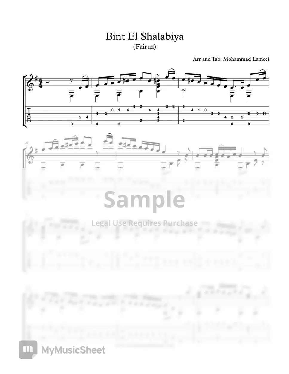 Fairouz Bint El Shalabiya (Arabic song) Tab + 1staff by Mohammad Lameei