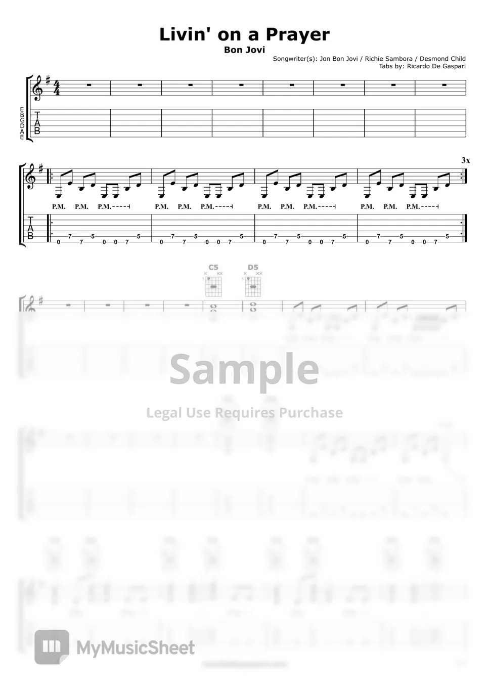 Bon Jovi Livin' on a Prayer (for one guitar) 악보 by Ricardo De Gaspari