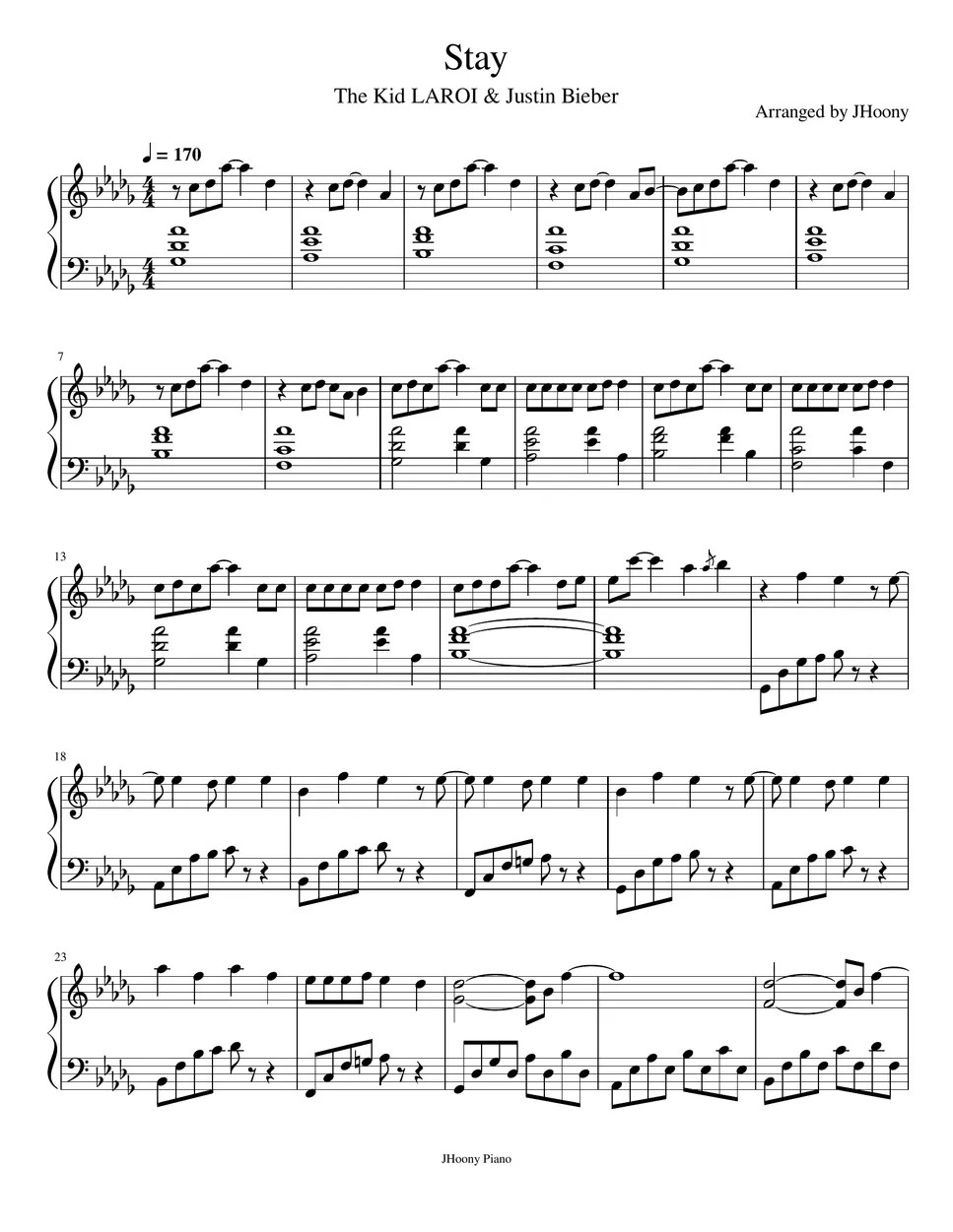 The Kid LAROI & Justin Bieber Stay Sheet by Jhoony Piano