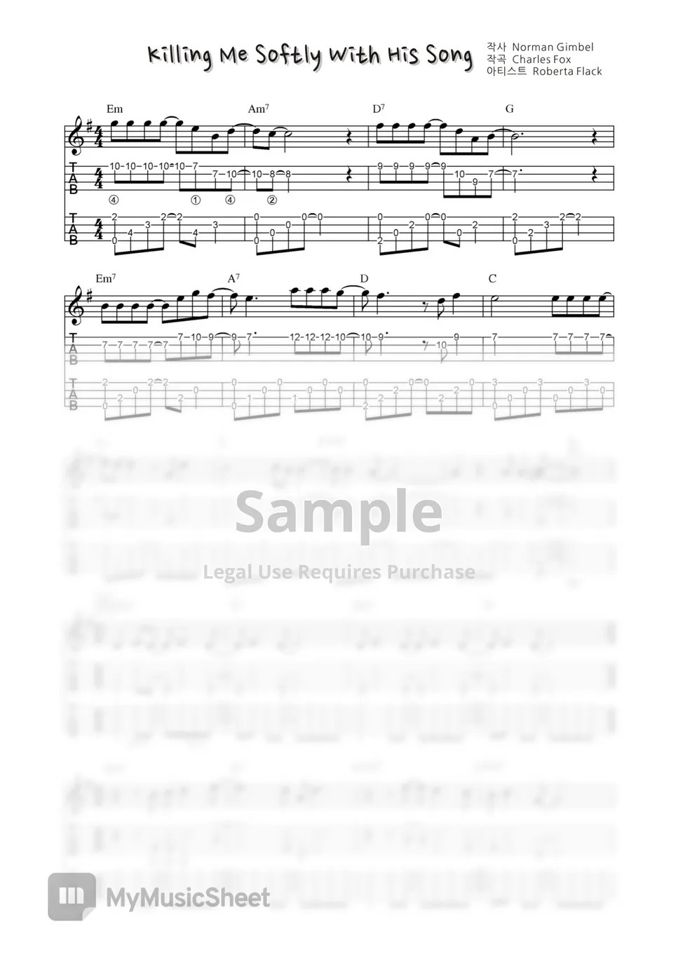 Roberta Flack Killing Me Softly With His Song (합주곡) 악보 by 싱글벙글 우쿨렐레