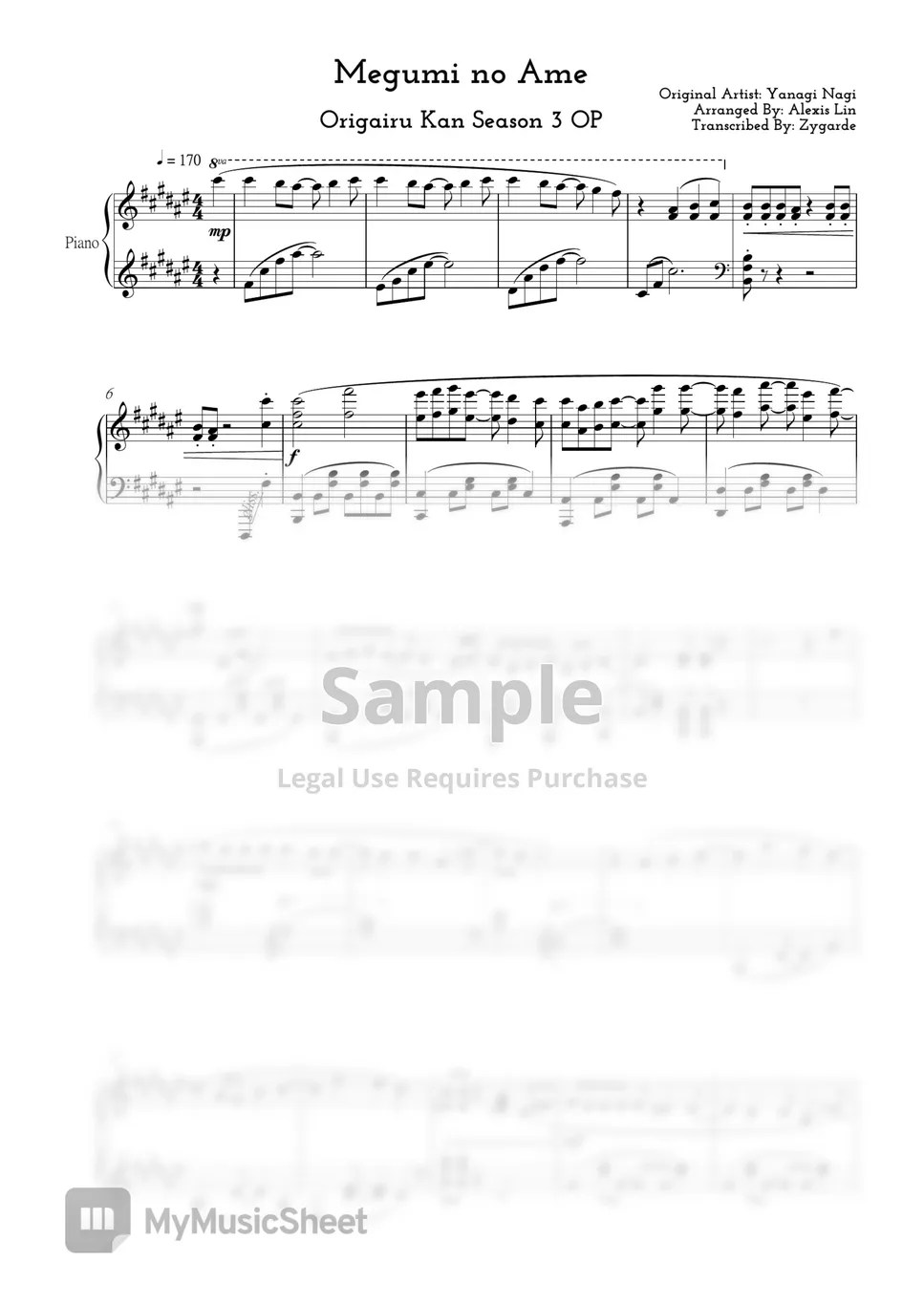 Yanagi Nagi Megumi no Ame Oregairu Kan OP (Piano Sheet) Sheets by