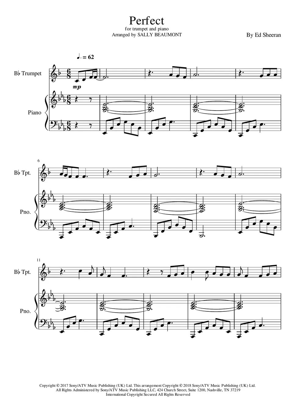 Ed Sheeran Perfect (Trumpet with Piano Sheets by Sally