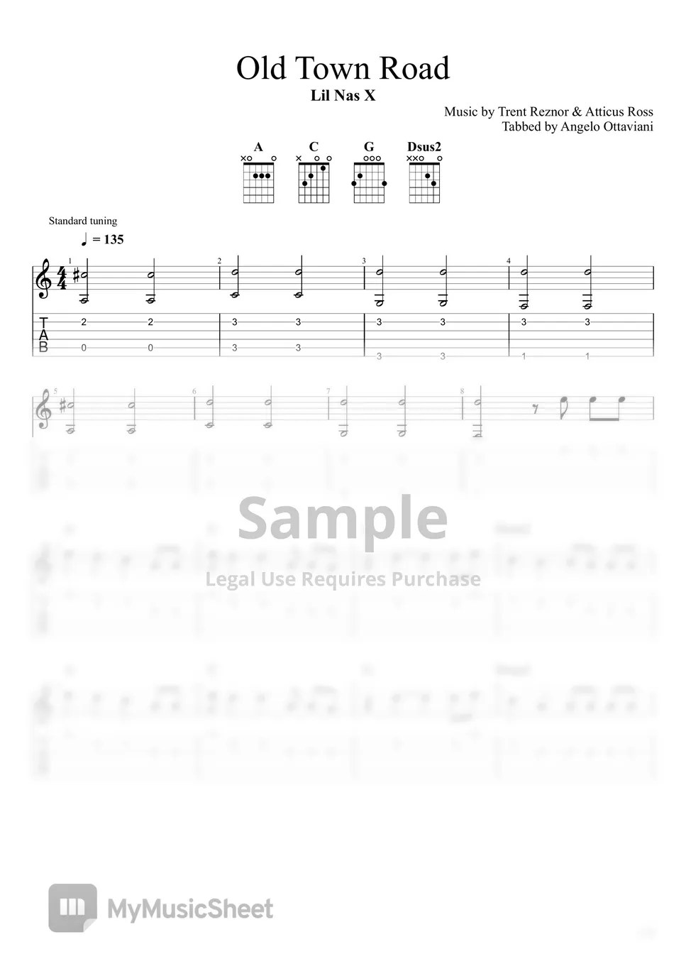 Trent Reznor Old Town Road Tab + 1staff by Guitar